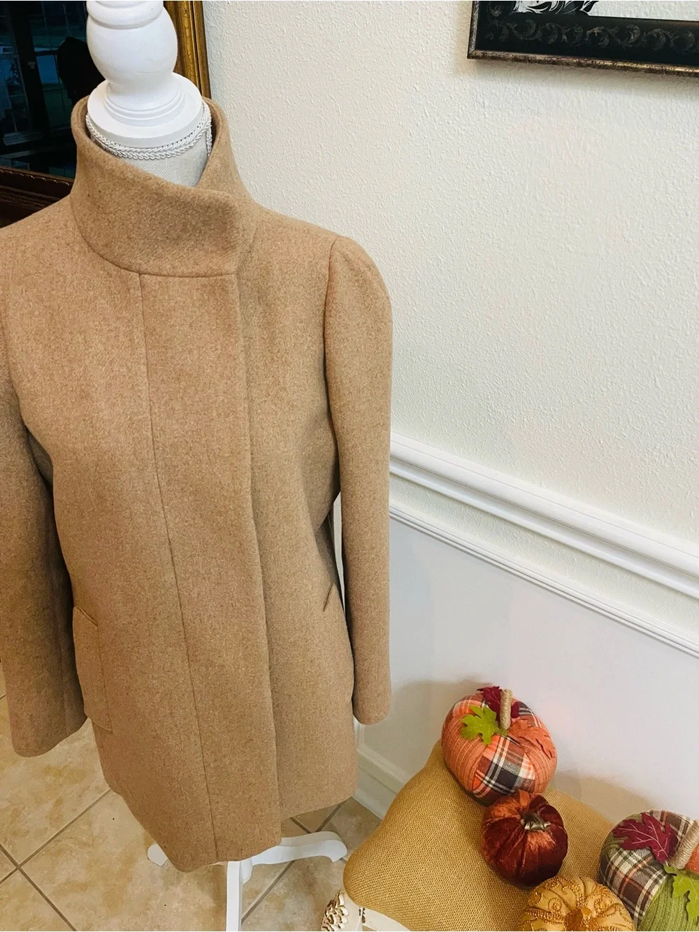 J. Crew Camel Wool-Blend Stand Collar Pea Coat